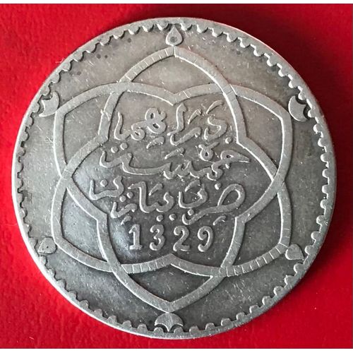 5 Dirhams - Abdelhafid - 1329 / 1911 - Maroc - Argent