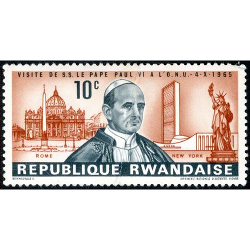 Timbre Non Oblitéré République Rwandaise, Visite De S.S. Le Pape Paul Vi À L'o.N.U - 4.X.1965, 10 C