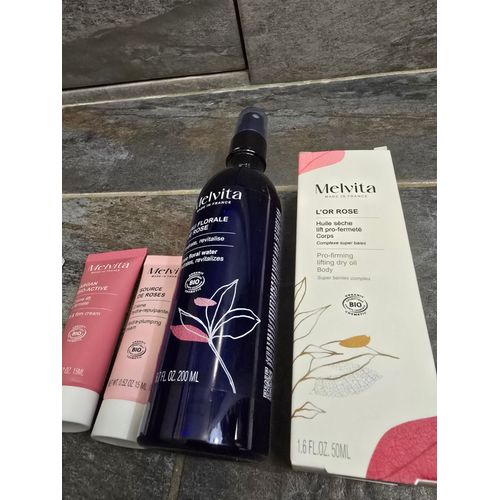 Lot Bio Melvita Rose : Eau Florale+Huile+Sérum+Crème Hydratante Et Crème Lift 