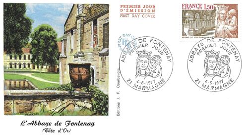 France 1977, Très Belle Enveloppe 1er Jour, Timbre Yvert 1938, Abbaye De Fontenay, Côte D'or, État Neuf.