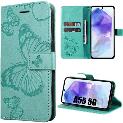 Coque Pour Samsung Galaxy A55 5g, Antichoc En Cuir Synthétique Et Tpu Avec Porte-Cartes Et Support, Motif Papillon - Vert - Booling