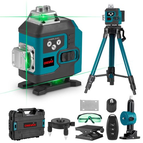 Niveau laser vert 4x360°,16 Lignes 4D Laser Auto-Nivelant Croisée Outil Portée de travail 25 m + 2 Batterie et chargeur + trépied de 1 m et télécommande
