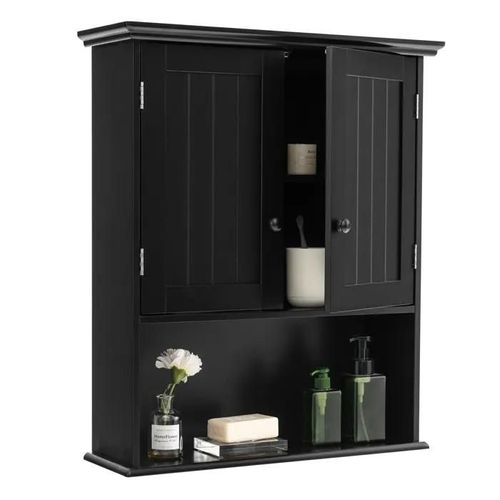 Costway Armoire Murale De Salle De Bains Armoire À Pharmacie Avec 2 Porte Et 3 Etagères Rangement Dont 1 Paroi Réglable Noir