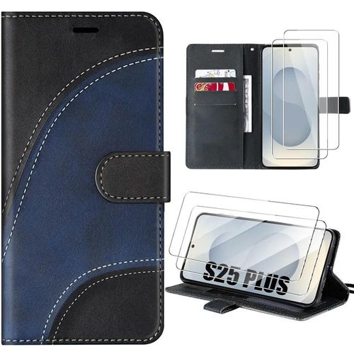 Coque + 2 Verres Trempés Pour Samsung Galaxy S25 Plus (S25+) Protection Effet Cuir Élégant Bicolore Noir/Bleu Marine - E.F.Connection