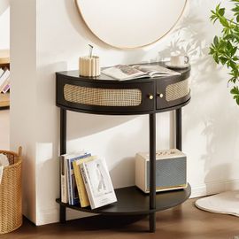 Table Console En Rotin-Vevor-Demi-Lune-2 Tiroirs-Porte Coulissante-810 X 400 X 820 Mm-Rangement-Salon-Bureau-Entrée Ou Mur Tv-Noir