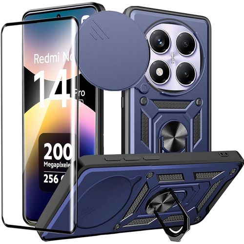 Coque Militaire Xiaomi Redmi Note 14 Pro 5g/Poco X7 5g - Support Rotatif 360° Aimant, Lentille Coulissante Et Double Couche Tpu/Pc Antichoc - Bleu