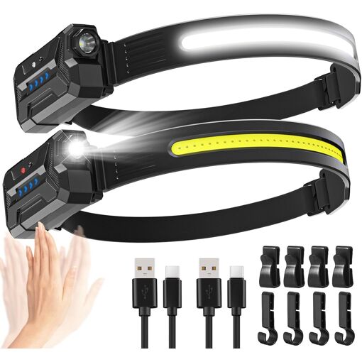 2 Lampes Frontales Rechargeables 230° - 5 Modes, Capteur Mouvement, étanche IPX4, Batterie 1200 MAh - 2