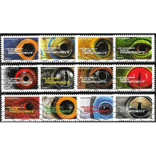 France 2015, Belle Série Complète 12 Timbres Yvert 1152 À 1163, « Les Animaux Nous Regardent », Oblitérés, Tbe.