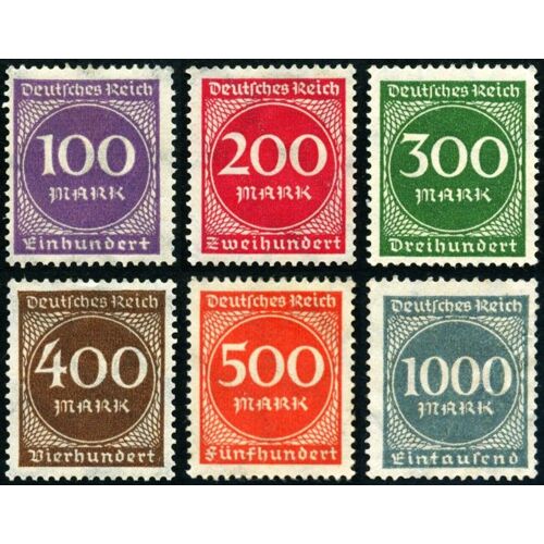 Allemagne, Rép. De Weimar, Période Inflation 1923, Beaux Timbres Neufs* Yvert 243 À 248, 100 200 300 400 500 Et 1000mk Sur Rond Opaque.