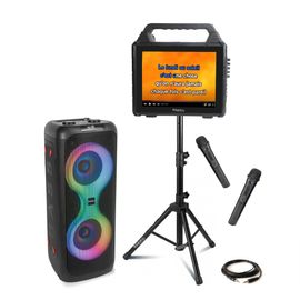 Pack Karaoké Enceinte Ecran Bluetooth Ibiza KARAVISION sur Pied 2 Micros VHF - Enceinte Portable 700W USB TWS COLUMBA700 - Fête
