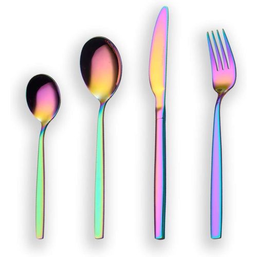 24 Pièces Titane Arc-En-Couleur Plaqué Ensemble De Couverts, 24 Pièces Ensemble De Coutellerie Colorée, Service Pour 6 (Arc-En-Ciel Brillant)