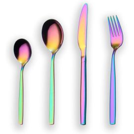 24 Pièces Titane Arc-En-Couleur Plaqué Ensemble De Couverts, 24 Pièces Ensemble De Coutellerie Colorée, Service Pour 6 (Arc-En-Ciel Brillant)