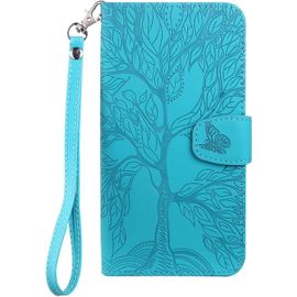 KAL-Coque Pour Samsung Galaxy A11, Arbre De Vie Papillon Motif Housse En Cuir Synthétique Cover À Rabat, Portefeuille Étui De Protection Avec Fentes Pour Cartes, Fonction De Support, Bleu Vert