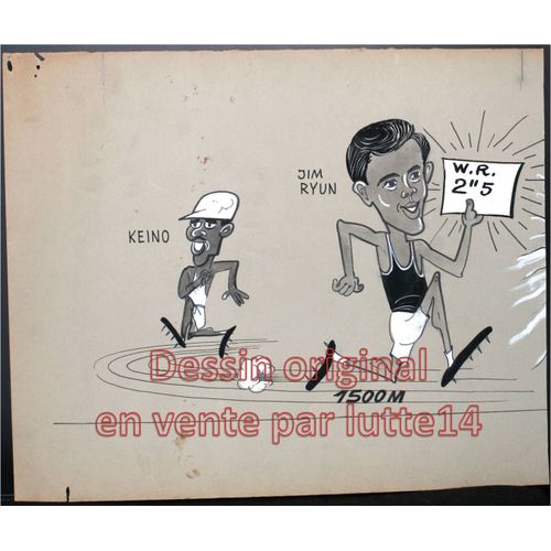 Dessin 50 X 35 Cm (49) Humoristique Original De Freddy Dessinateur Belge : Sport Athlétisme 1500 Mètres Keino Jim Ryun