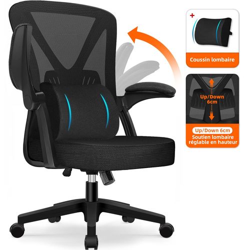 Fauteuil de bureau inclinable, chaise de bureau avec accoudoir pliable, réglable en hauteur de 10cm, soutien lombaire réglable 150kg-Noir