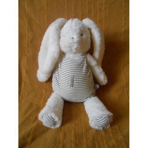 Peluche lapin blanc gris Obaïbi tenue rayé