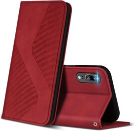 SJZG-Coque Pour Huawei P20, Premium Étui Housse En Cuir De Protection Avec [Emplacements Cartes] [Magnetique], Clapet Folio Portefeuille Pour Huawei P20 (Rouge)