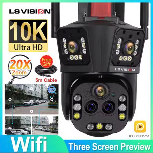 Ls Vision 16mp 8k wifi caméra ip 10x zoom 4k caméra de sécurité extérieure surveillance ai piste quatre lentilles trois écran mini caméra de rue 360 °