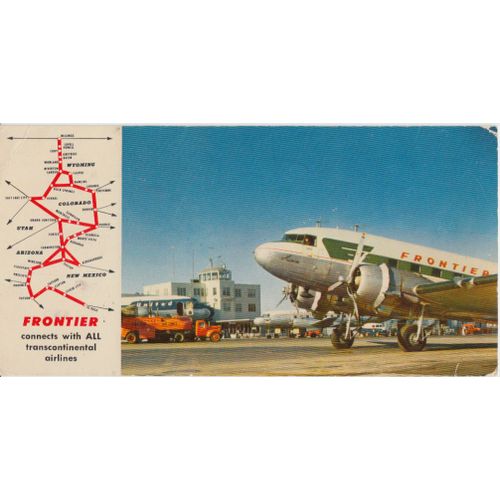 Postcard "Frontier Airlines. Serving 34 Cities In The Rocky Mountain Region" [Billings, Lovell Powell, Cody, Greybull Basin, Worland, Riverton Lander, Casper, Rawlins, Rock Springs, Laramie, Etc.]