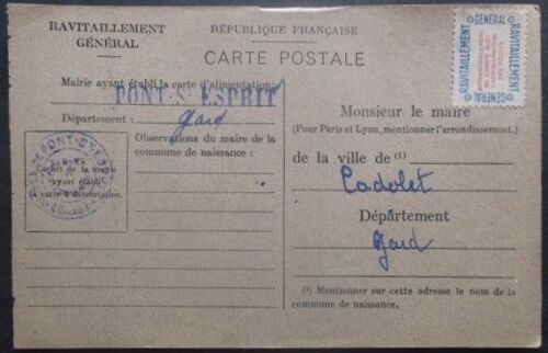 France Service N°15a Sur Carte De Ravitaillement De Pont St Esprit (Gard) Pour Codolet (Gard)