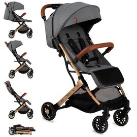 Momi Estelle – Poussette Bébé Ultra Compacte – Légère 7,7 Kg – Pliage À Une Main – Guidon Valise – Gris Doré