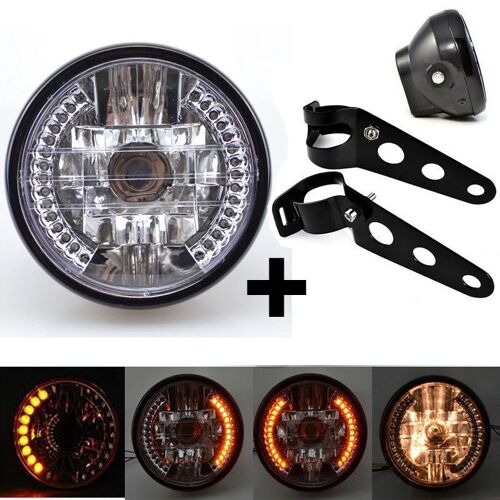 Phare Moto Phare Modifié Avec Anneau D'ange Phare Harley 7 Pouces Avec Fonction De Direction Phare + Support