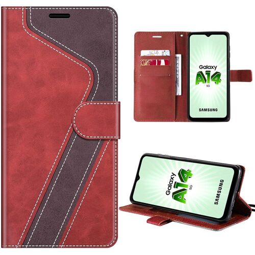 Coque pour Samsung Galaxy A14 4G/5G, Protection bicolore à Motif Epissé en Cuir PU avec Fentes pour Cartes et Support, Rouge - E.F.Connection