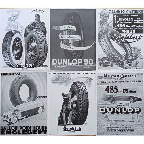 Lot 20 Affiches Publicités Anciennes Années 30 : Pneus Dunlop, Englebert, Goodrich, India, Goodyear (French Advertising)