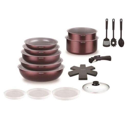 Batterie De Cuisine Arthur Martin 18 Pièces En Aluminium Tous Feux Avec Ustensiles Et Poignée Amovible - Couleur Grenat