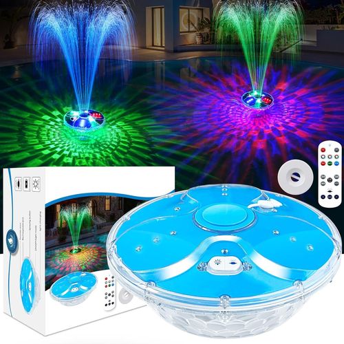 Fontaine Flottante Piscine avec Lumière, Fontaine Piscine Rechargeable avec Télécommande & Boutons, 2 Modes de Pulvérisation & 7 Modes de Lumière, Fontaine pour Piscine Hors Sol avec Ancre