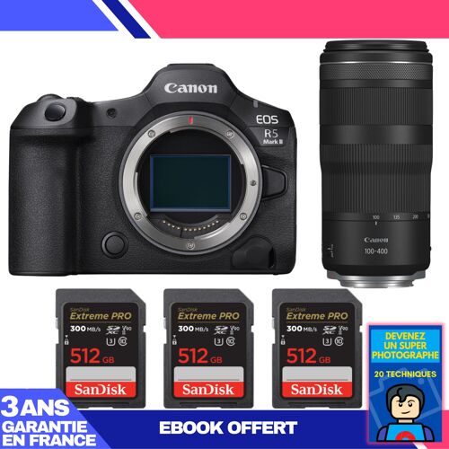 Boitier Canon EOS R5 Mark II + RF 100-400mm f/5.6-8 IS USM + 3 SanDisk 512GB Extreme PRO UHS-II SDXC 300 MB/s + Ebook 'Devenez Un Super Photographe'