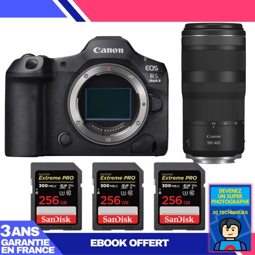 Boitier Canon EOS R5 Mark II + RF 100-400mm f/5.6-8 IS USM + 3 SanDisk 256GB Extreme PRO UHS-II SDXC 300 MB/s + Ebook 'Devenez Un Super Photographe'
