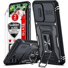 Coque Samsung Galaxy S21 Fe - 2x Verre Trempé, Protection Caméra Coulissante, Bumper Tpu+Pc Anti-Choc, Anneau Rotatif 360° Support, Noir