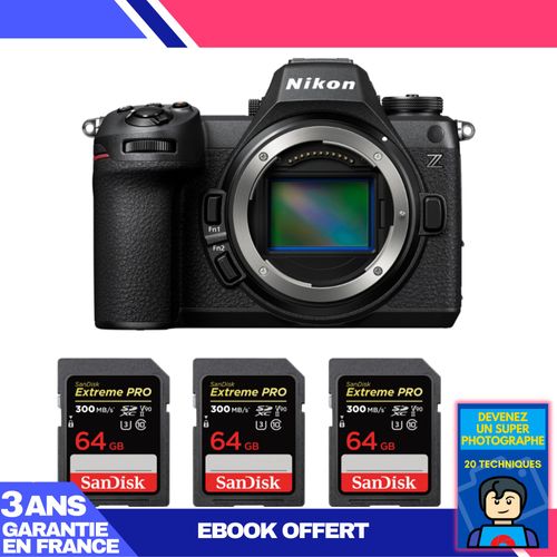 Boitier Nikon Z6 III + 3 SanDisk 64GB Extreme PRO UHS-II SDXC 300 MB/s + Ebook 'Devenez Un Super Photographe'