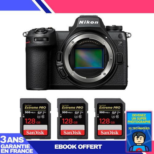 Boitier Nikon Z6 III + 3 SanDisk 128GB Extreme PRO UHS-II SDXC 300 MB/s + Ebook 'Devenez Un Super Photographe'
