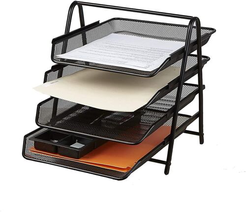 Organiseur de bureau multifonctionnel en maille métallique noire avec plateaux coulissants et sections verticales pour la maison ou le bureau
