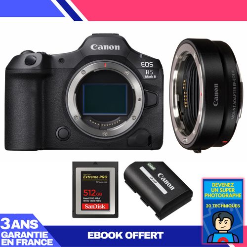 Boitier Canon EOS R5 Mark II + EF-EOS R + 1 SanDisk 512GB Extreme PRO CFexpress Type B + 1 Canon LP-E6P + Ebook 'Devenez Un Super Photographe'