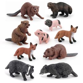 10pcs Simulation Wild Animal Figures Jouets Réaliste Castor Renard Blaireau Modèle Mini Jungle Animal Figurines Gâteau Topper Jouet Set Noël Anniversaire Pâques