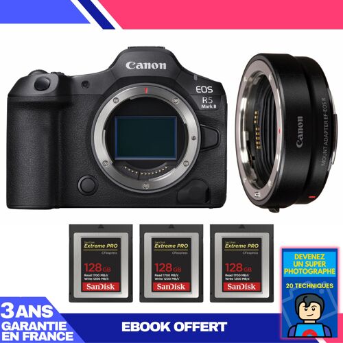 Boitier Canon EOS R5 Mark II + EF-EOS R + 3 SanDisk 128GB Extreme PRO CFexpress Type B + Ebook 'Devenez Un Super Photographe'
