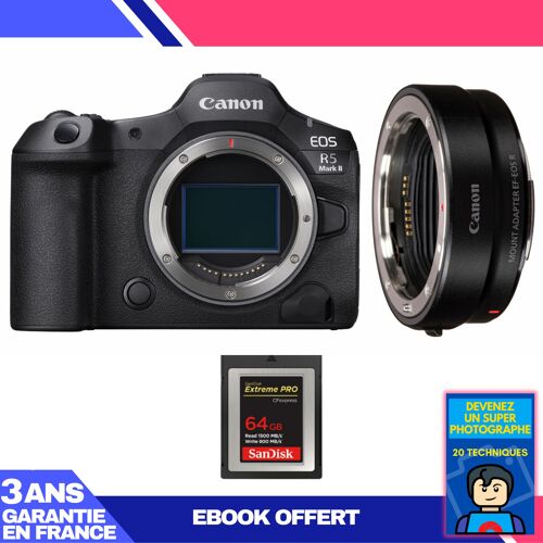 Boitier Canon EOS R5 Mark II + EF-EOS R + 1 SanDisk 64GB Extreme PRO CFexpress Type B + Ebook 'Devenez Un Super Photographe'