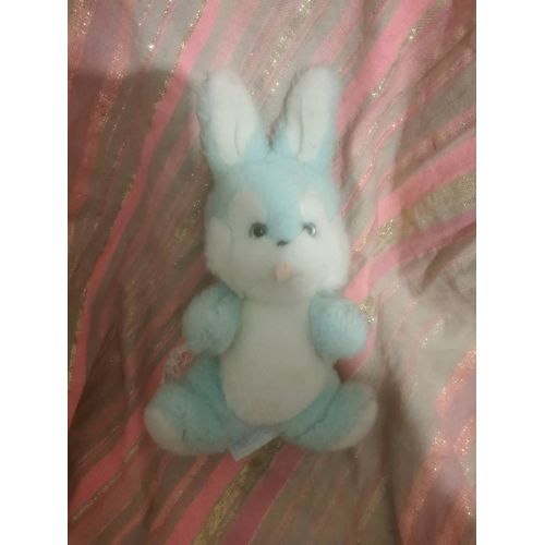 Doudou Peluche Lapin Assis Vert Turquoise Blanc Langue Rose Nounours Vintage Etiqueté