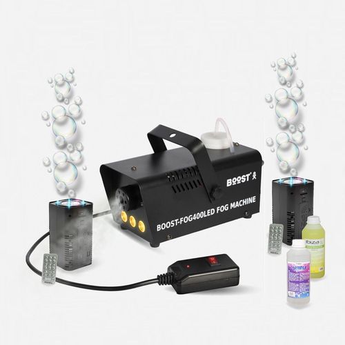 Pack Lumière Machine fumée LED 400W BOOST-FOG400LED-BK- 2 Machines à Bulles LED BUBBLE-DREAM - Liquides inclus - Ambiance Soirée DJ