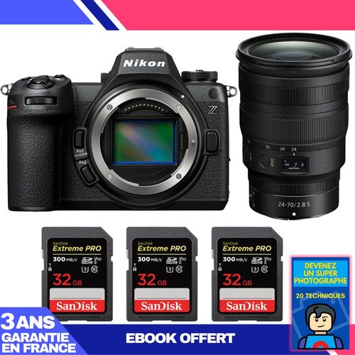 Boitier Nikon Z6 III + Z 24-70mm f/2.8 S + 3 SanDisk 32GB Extreme PRO UHS-II SDXC 300 MB/s + Ebook 'Devenez Un Super Photographe'