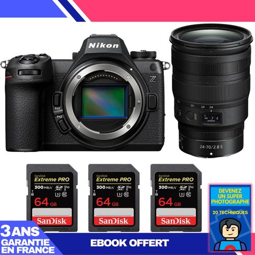 Boitier Nikon Z6 III + Z 24-70mm f/2.8 S + 3 SanDisk 64GB Extreme PRO UHS-II SDXC 300 MB/s + Ebook 'Devenez Un Super Photographe'