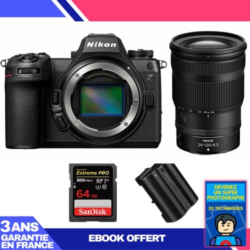 Boitier Nikon Z6 III + Z 24-120mm f/4 S + 1 SanDisk 64GB Extreme PRO UHS-II SDXC 300 MB/s + 1 Nikon EN-EL15c + Ebook 'Devenez Un Super Photographe'