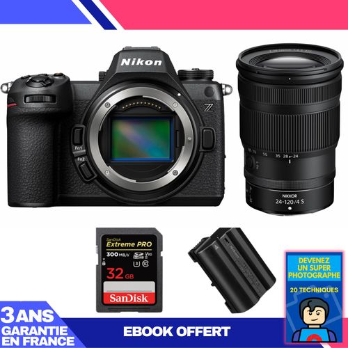 Boitier Nikon Z6 III + Z 24-120mm f/4 S + 1 SanDisk 32GB Extreme PRO UHS-II SDXC 300 MB/s + 1 Nikon EN-EL15c + Ebook 'Devenez Un Super Photographe'