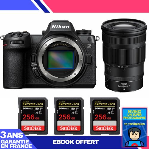 Boitier Nikon Z6 III + Z 24-120mm f/4 S + 3 SanDisk 256GB Extreme PRO UHS-II SDXC 300 MB/s + Ebook 'Devenez Un Super Photographe'