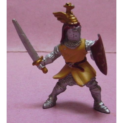 Figurine Chevalier Guerrier Soldat Du Moyen Age Gris Avec Epée , Bouclier Marron Et Tunique Jaune - 50 Mm - Plastoy