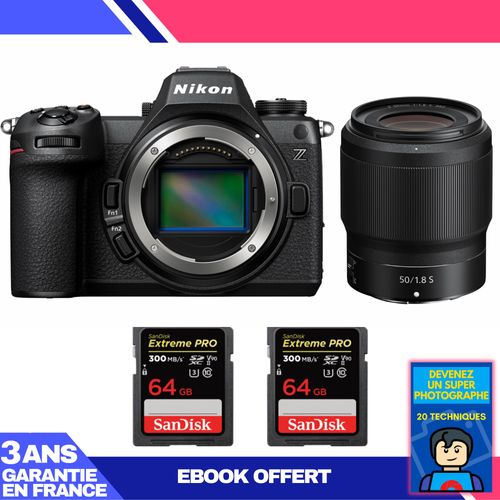 Boitier Nikon Z6 III + Z 50mm f/1.8 S + 2 SanDisk 64GB Extreme PRO UHS-II SDXC 300 MB/s + Ebook 'Devenez Un Super Photographe'