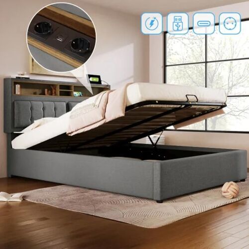 Tête de lit USB C, cadre de lit en lin avec sommier à lattes (sans matelas), dimensions du lit 160x200